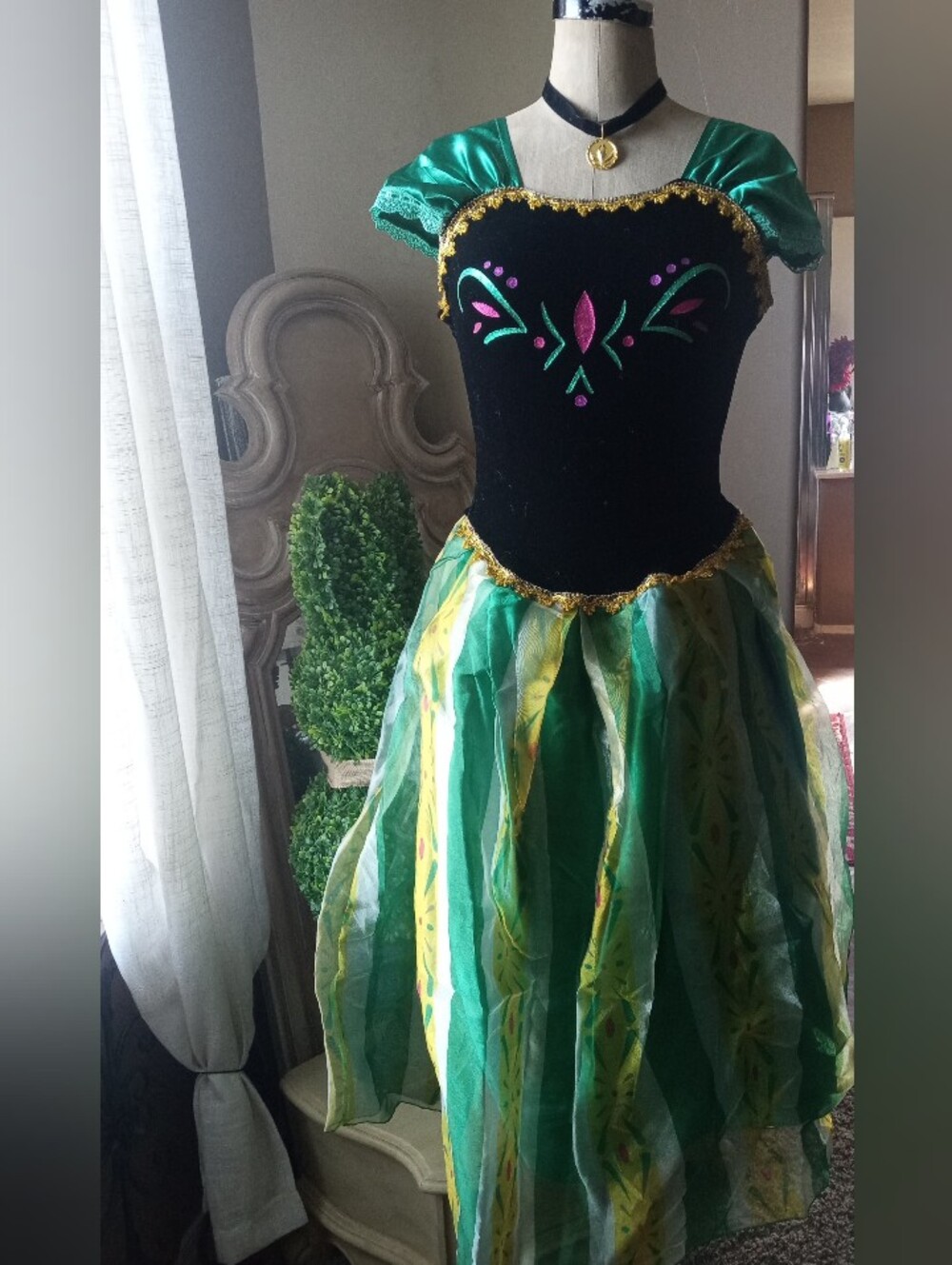 Girls' Princess Anna Costume Dress with Gold Trim And Necklace